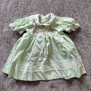 Polly Flinders Hand-Smocked Mint Green Lace Dress Infant 6–12M Vintage